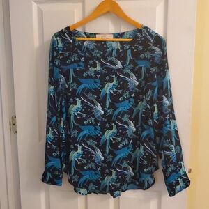 LOFT Teal and Blue Bird Pattern Blouse Size S